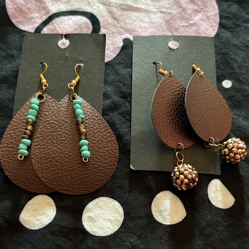 Brown Leather Teardrop Earrings Set